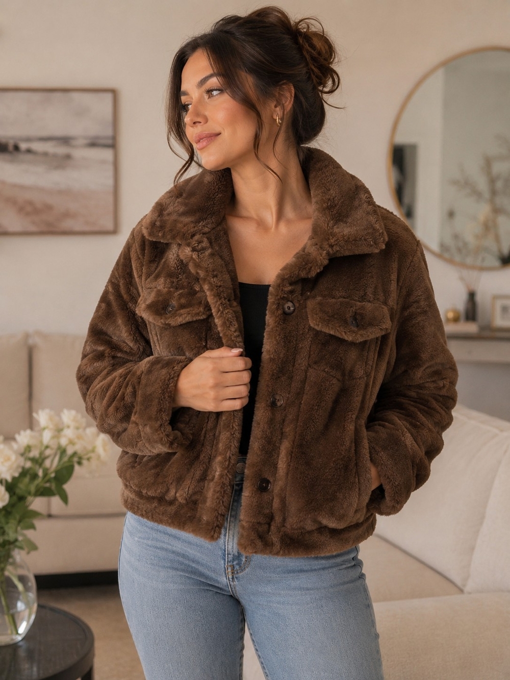 Ci Sono Y2K Plush Teddy Jacket in Deep Brown